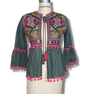 Zara Womens Size Medium Embroidered Kimono Cape Cardigan Green Pink Tie Neck NWT